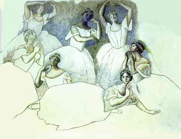 Пабло Пикассо "Группа танцовщиц. Ольга Хохлова лежит на переднем плане." (1919 год)