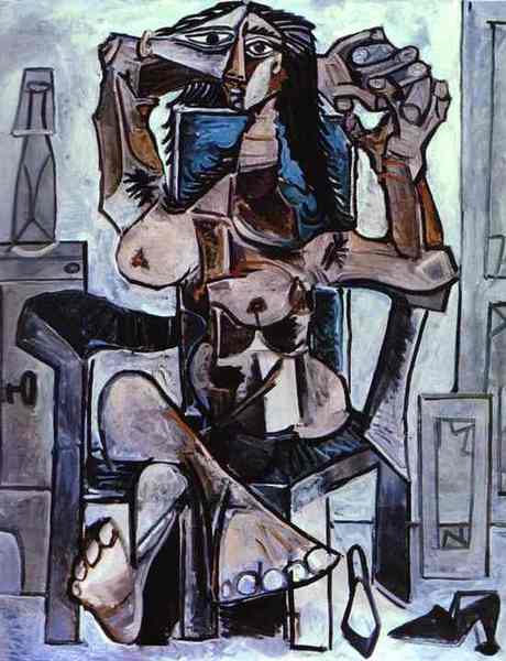 Пабло Пикассо "Обнаженная в кресле с бутылкой воды Эвиан, стаканом и туфлями." (1959 год)