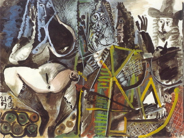 Пабло Пикассо "Три мушкетера и обнаженная." (1972 год)
