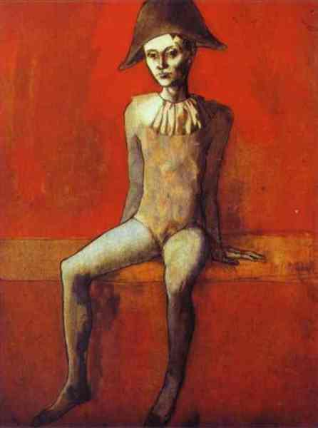 Пабло Пикассо "Сидящий на красной скамье Арлекин." (1905 год)