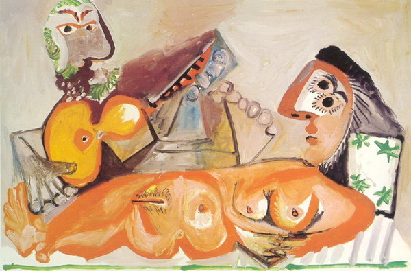 Пабло Пикассо "Лежащая обнаженная и мужчина, играющий на гитаре." (1970 год)