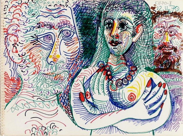 Пабло Пикассо "Двое мужчин и женщина." (1970 год)
