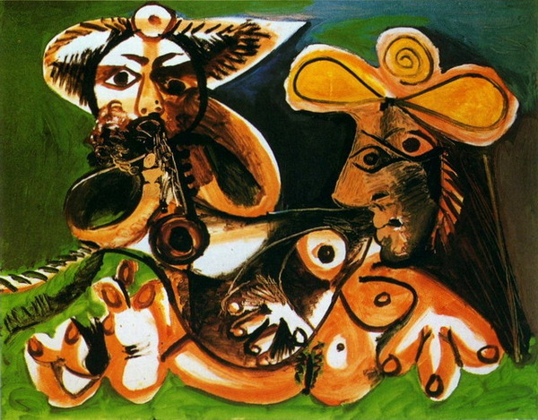 Пабло Пикассо "Играющий на флейте и обнаженная женщина." (1970 год)