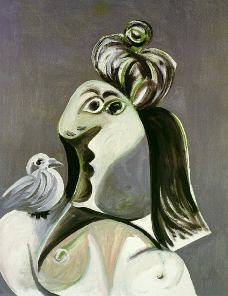 Пабло Пикассо "Женщина с зелеными волосами и птицей на плече." (1970 год)