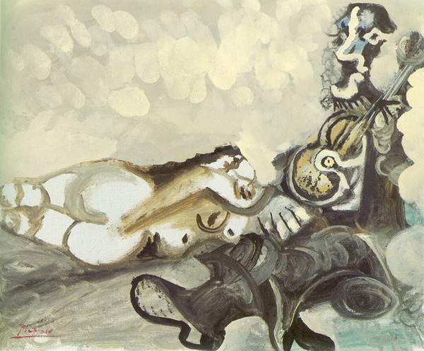 Пабло Пикассо "Лежащая обнаженная и музыкант." (1967 год)