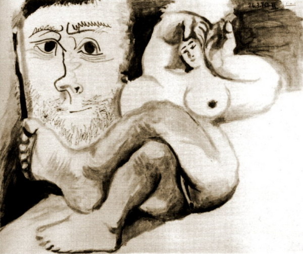 Пабло Пикассо "Лежащая обнаженная и голова мужчины." (1970 год)