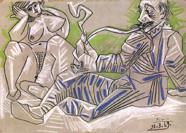 Пабло Пикассо "Мужчина с трубкой и сидящая обнаженная." (1969 год)