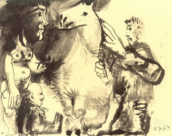 Пабло Пикассо "Представление лошади [Обнаженная, лошадь и персонажи]." (1967 год)