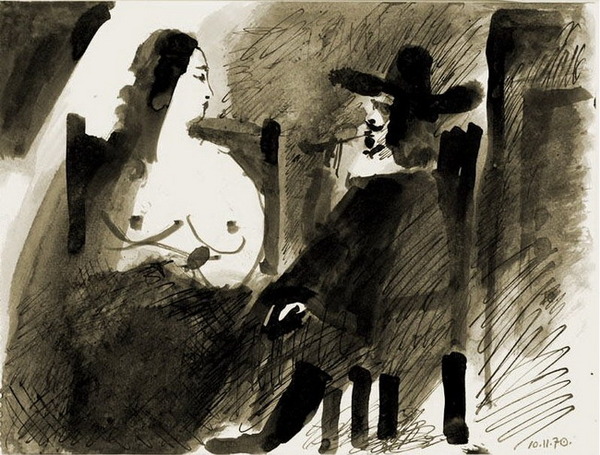 Пабло Пикассо "Сидящая женщина и дворянин." (1970 год)