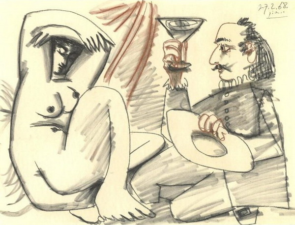 Пабло Пикассо "Мушкетер с бокалом и лежащая обнаженная." (1968 год)