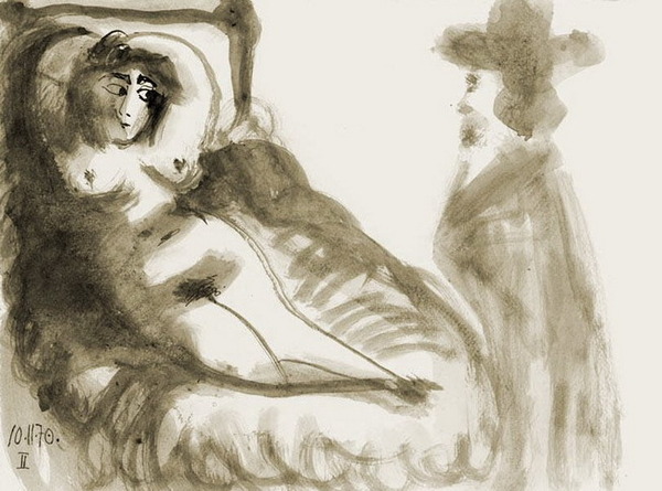 Пабло Пикассо "Вытянувшаяся женщина и дворянин." (1970 год)
