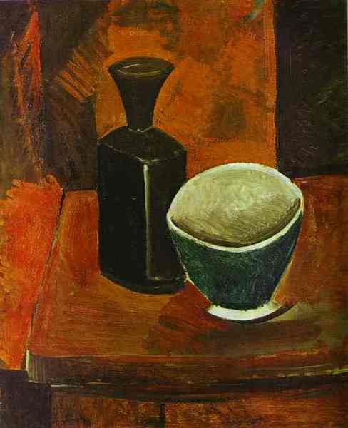 Пабло Пикассо "Зелёная миска и чёрная бутылка." (1908 год)