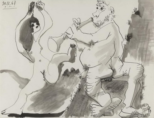 Пабло Пикассо "Обнаженные танцовщица и музыкант." (1967 год)