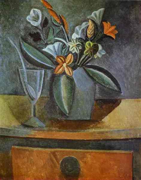 Пабло Пикассо "Цветы в сером кувшине и бокал с ложкой." (1908 год)