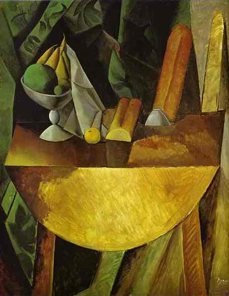 Пабло Пикассо "Хлеб и ваза с фруктами на столе." (1909 год)
