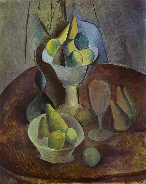 Пабло Пикассо "Ваза, фрукты и бокал." (1909 год)