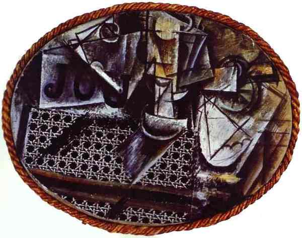 Пабло Пикассо "Натюрморт с плетеным стулом." (1911 год)