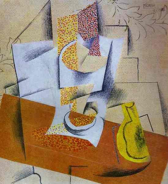 Пабло Пикассо "Композиция.  Ваза фруктов и разрезанная груша." (1913 год)